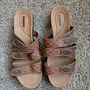 Clarks Collection Leather Slide Sandals Laurieann Cove New Tan Women’s Size 11W